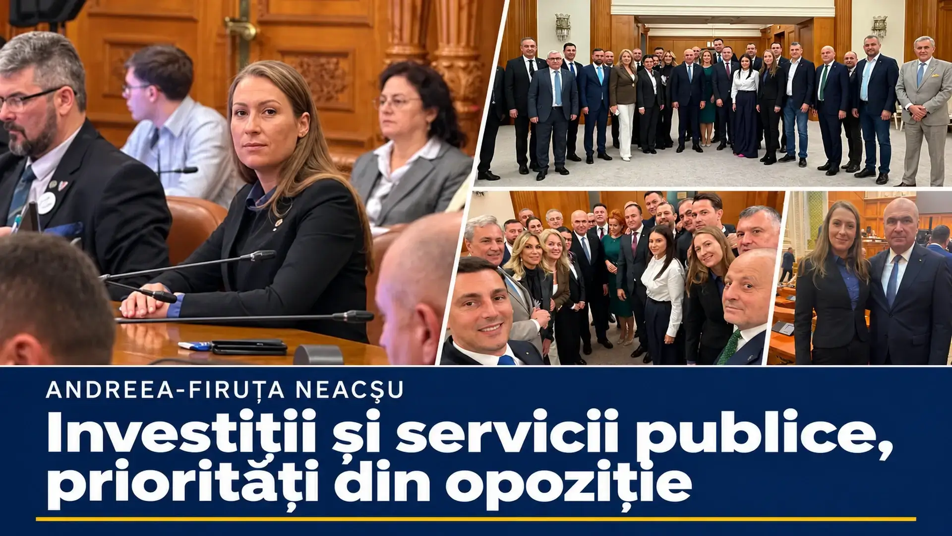Colaj cu deputata Andreea-Firuța Neacșu, fotografii de grup și o ședință parlamentară, cu titlul articolului