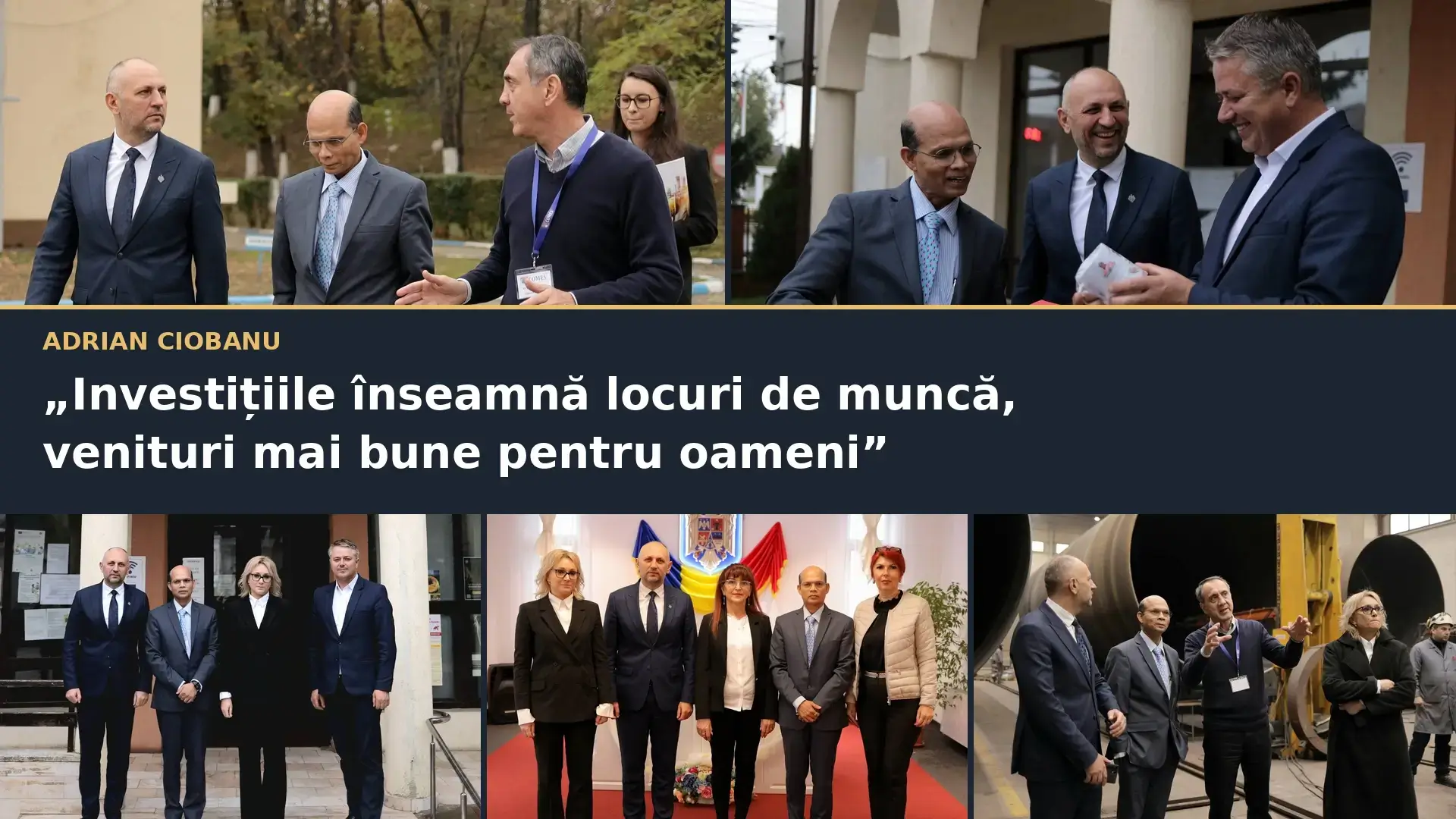 Colaj cu fotografii din vizita ambasadorului Indiei în Neamț, la întâlnirile cu Adrian Ciobanu, reprezentanții administrațiilor locale și compania COMES.