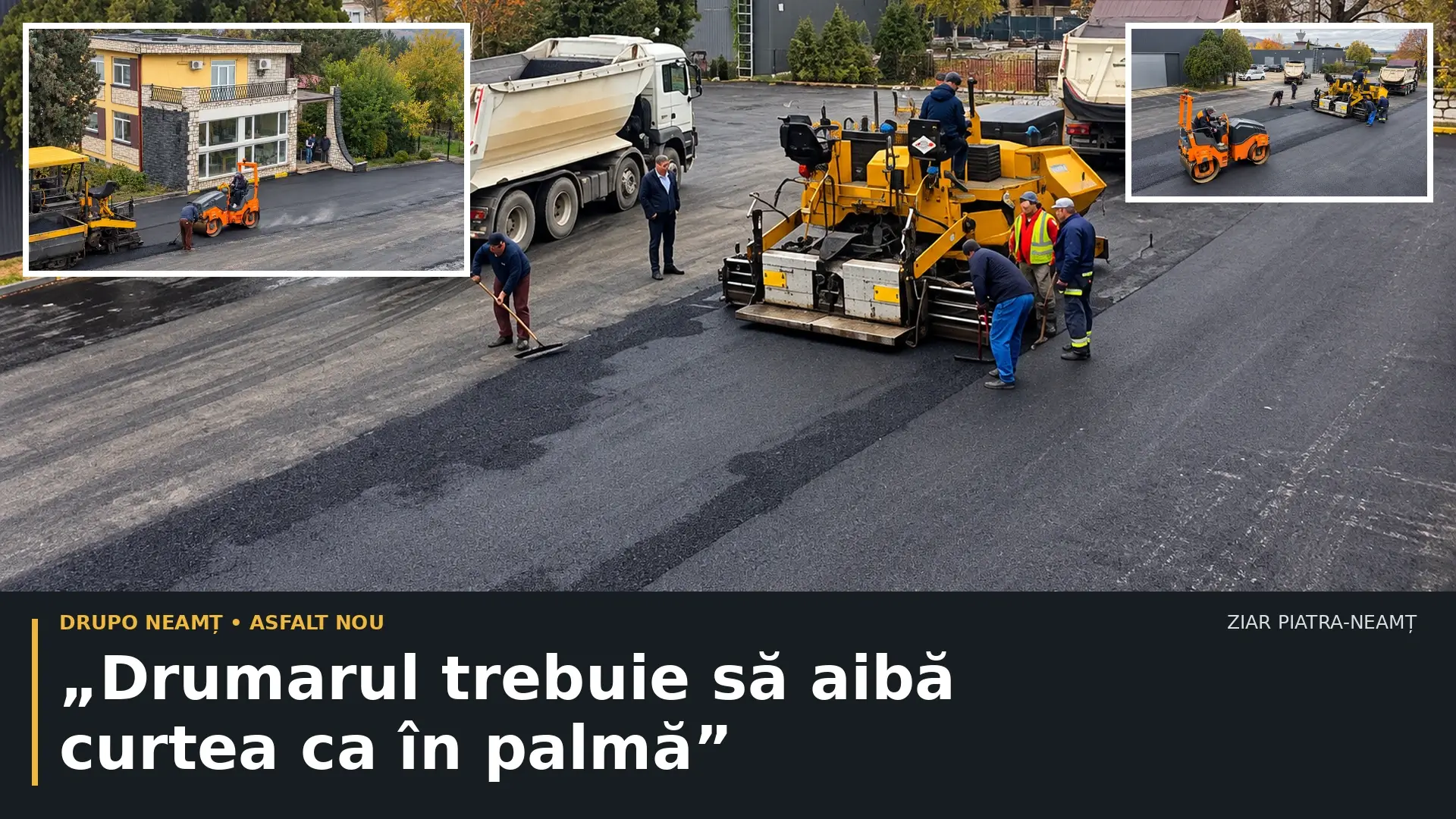 Colaj ilustrativ cu lucrările de asfaltare din curtea DRUPO Neamț, realizat din imagini cu perspectiva modificată; „Drumarul trebuie să aibă curtea ca în palmă”.