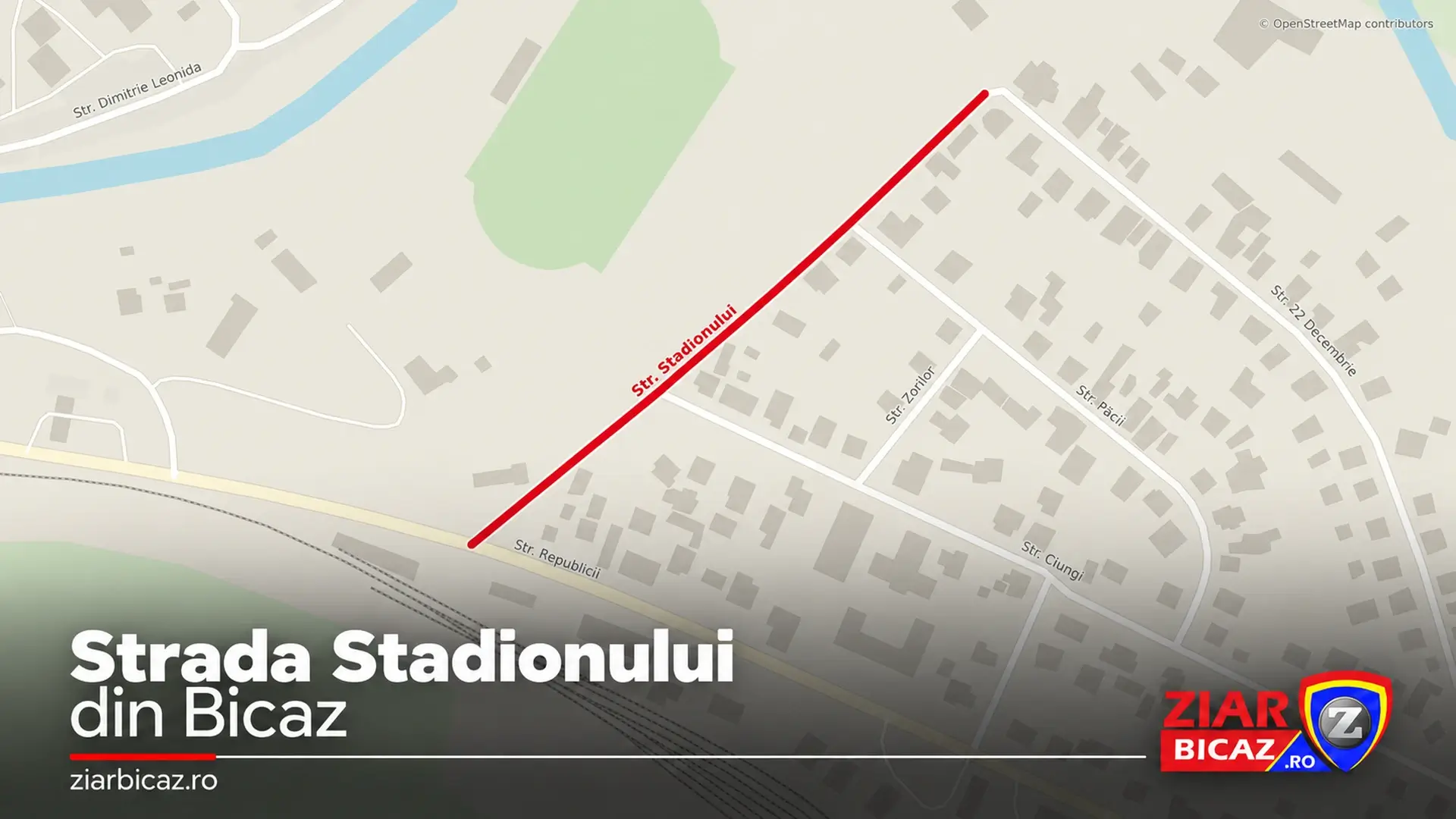 Hartă cu strada Stadionului din Bicaz evidențiată cu roșu